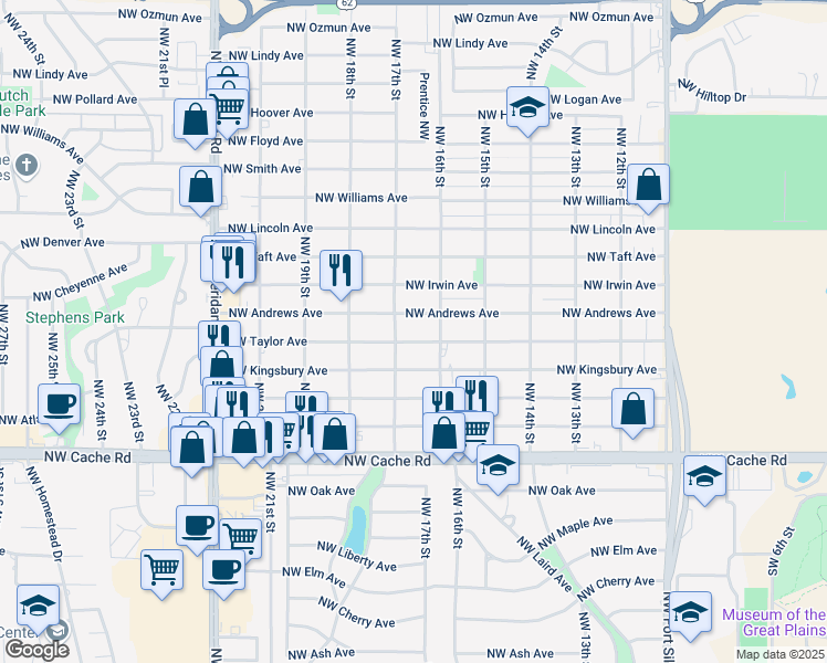 map of restaurants, bars, coffee shops, grocery stores, and more near 1618 Northwest Andrews Avenue in Lawton
