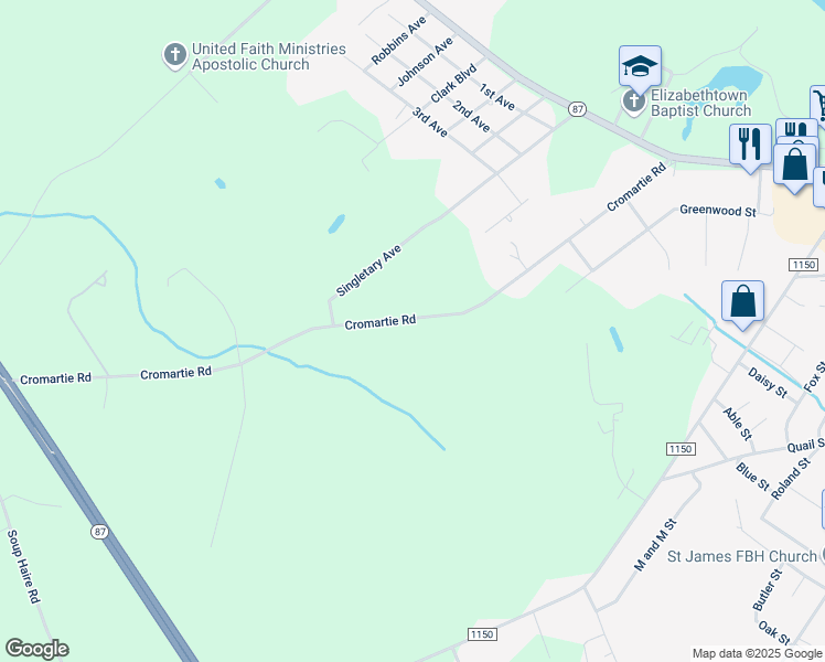 map of restaurants, bars, coffee shops, grocery stores, and more near 709-745 Cromartie Road in Elizabethtown