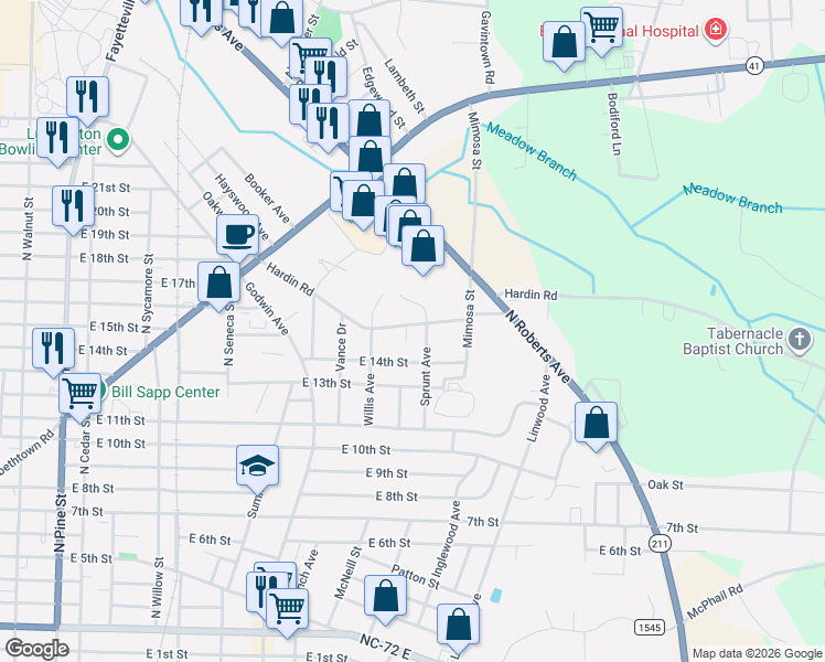 map of restaurants, bars, coffee shops, grocery stores, and more near 1504 Sprunt Avenue in Lumberton