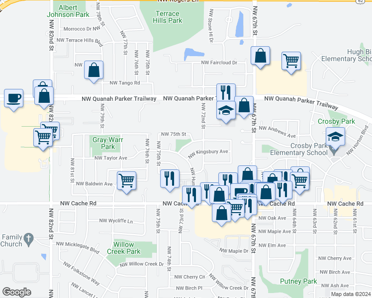 map of restaurants, bars, coffee shops, grocery stores, and more near 7214 Northwest Taylor Avenue in Lawton