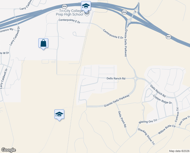 map of restaurants, bars, coffee shops, grocery stores, and more near 3242 Dells Ranch Road in Prescott