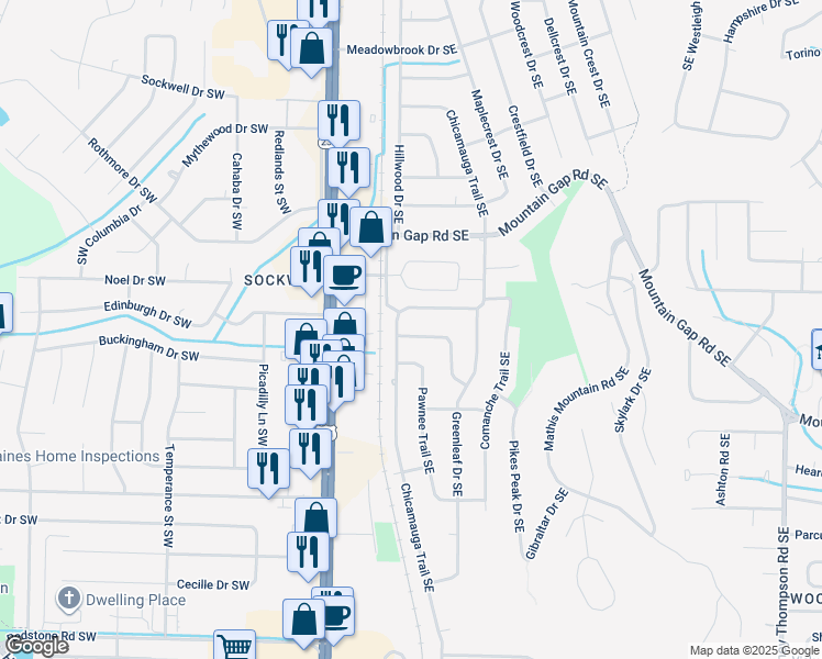 map of restaurants, bars, coffee shops, grocery stores, and more near 302 Rosemont Road Southeast in Huntsville