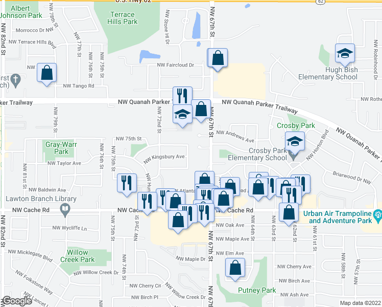map of restaurants, bars, coffee shops, grocery stores, and more near 1715 Northwest 70th Street in Lawton