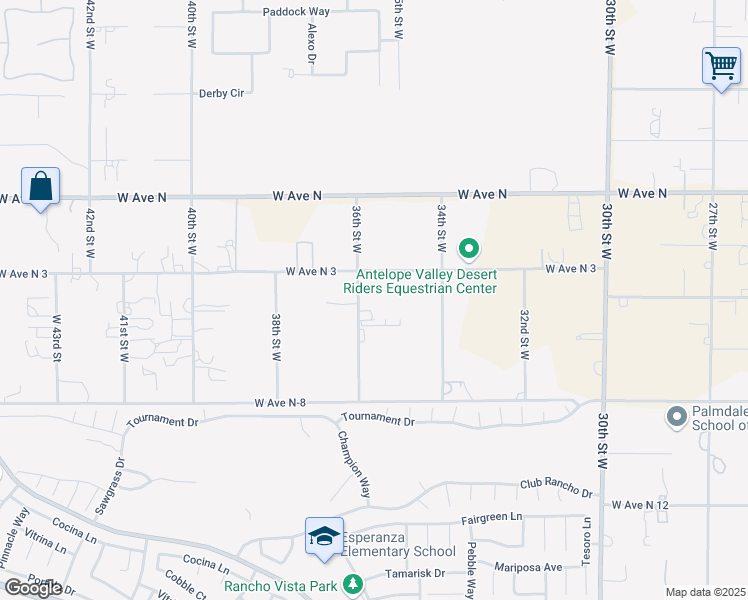 map of restaurants, bars, coffee shops, grocery stores, and more near 41038 36th Street West in Palmdale