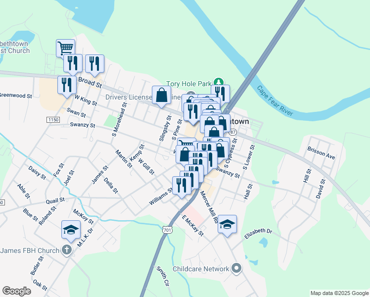 map of restaurants, bars, coffee shops, grocery stores, and more near 210 Martin Luther King Drive in Elizabethtown