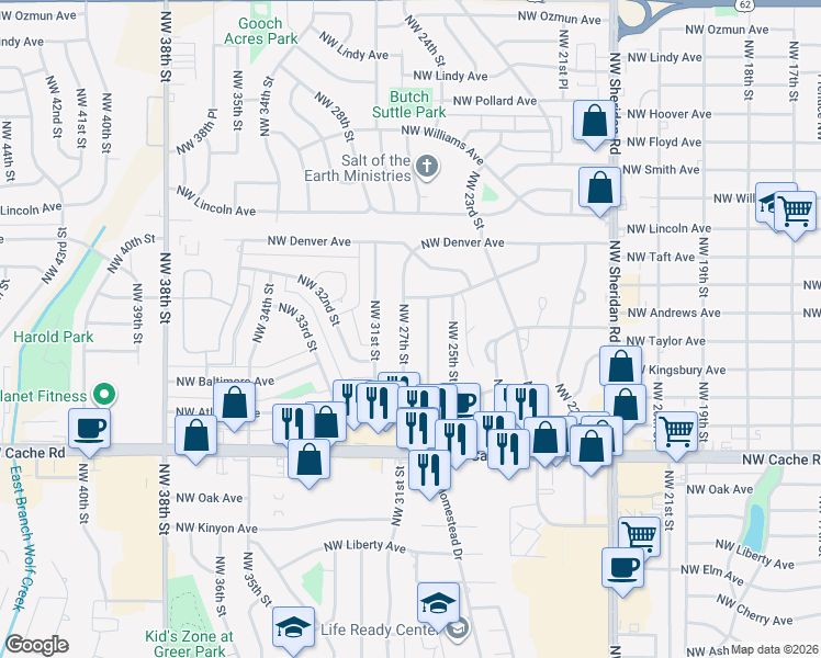 map of restaurants, bars, coffee shops, grocery stores, and more near 1631 Northwest 27th Street in Lawton