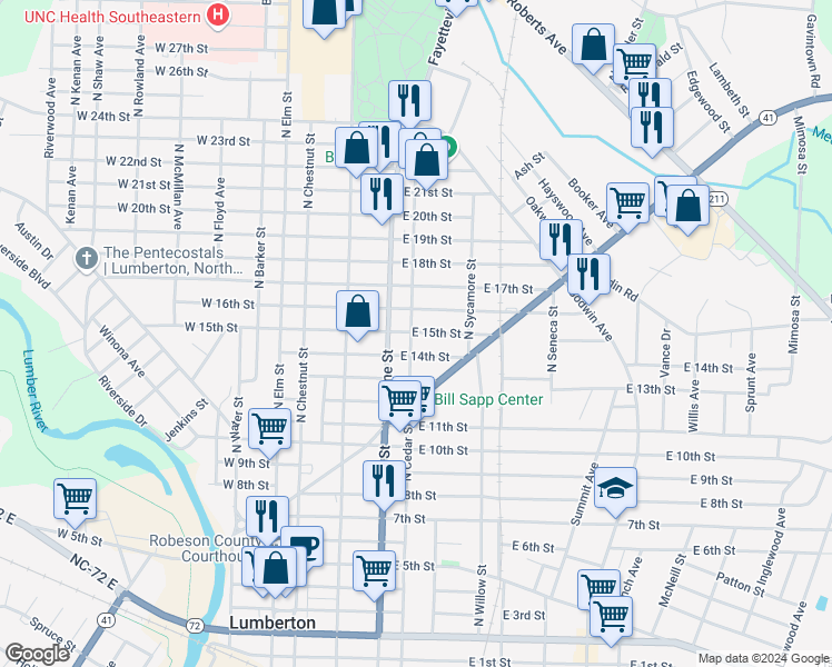 map of restaurants, bars, coffee shops, grocery stores, and more near 1501 North Cedar Street in Lumberton