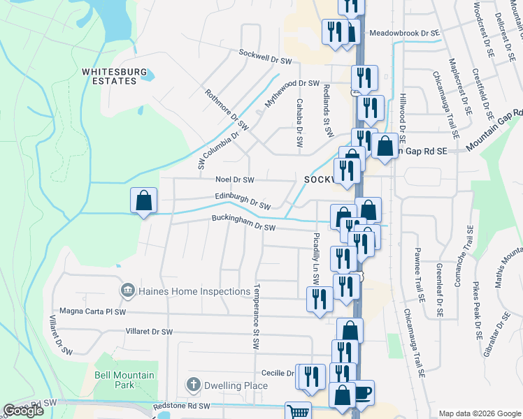 map of restaurants, bars, coffee shops, grocery stores, and more near 2106 Edinburgh Drive Southwest in Huntsville
