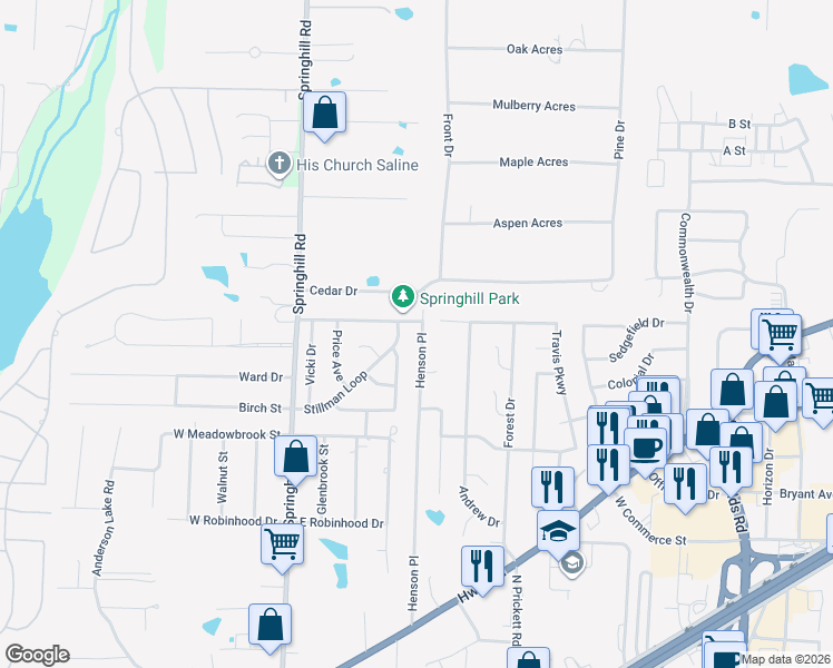 map of restaurants, bars, coffee shops, grocery stores, and more near 3513 Henson Place in Bryant