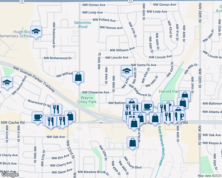 map of restaurants, bars, coffee shops, grocery stores, and more near 1604 NW 48th St in Lawton