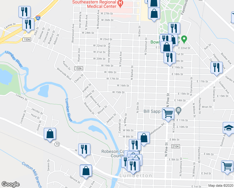 map of restaurants, bars, coffee shops, grocery stores, and more near 305 W 15th St in Lumberton