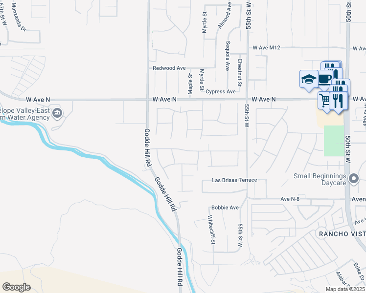 map of restaurants, bars, coffee shops, grocery stores, and more near 5739 Avenida Entrada in Palmdale