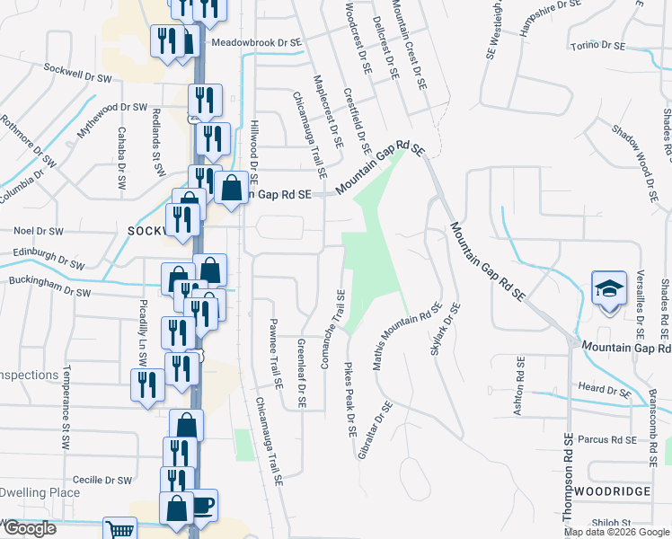 map of restaurants, bars, coffee shops, grocery stores, and more near 12010 Comanche Trail Southeast in Huntsville