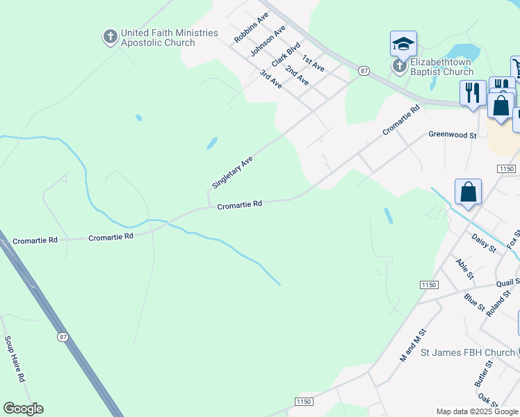 map of restaurants, bars, coffee shops, grocery stores, and more near 607 Cromartie Road in Elizabethtown