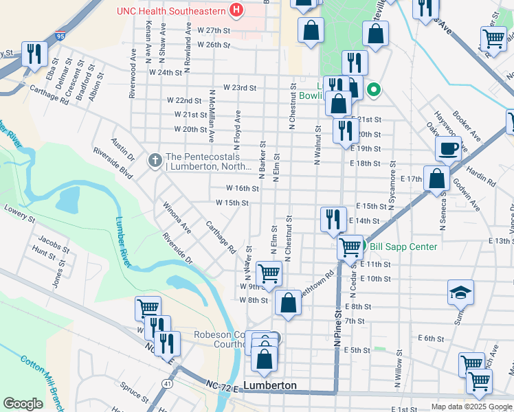 map of restaurants, bars, coffee shops, grocery stores, and more near 201 West 15th Street in Lumberton