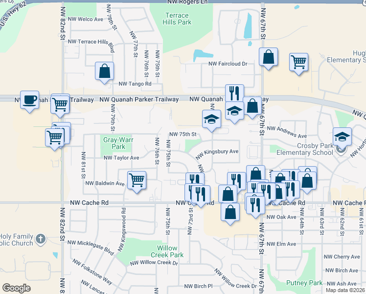 map of restaurants, bars, coffee shops, grocery stores, and more near 7214 Northwest Taylor Avenue in Lawton