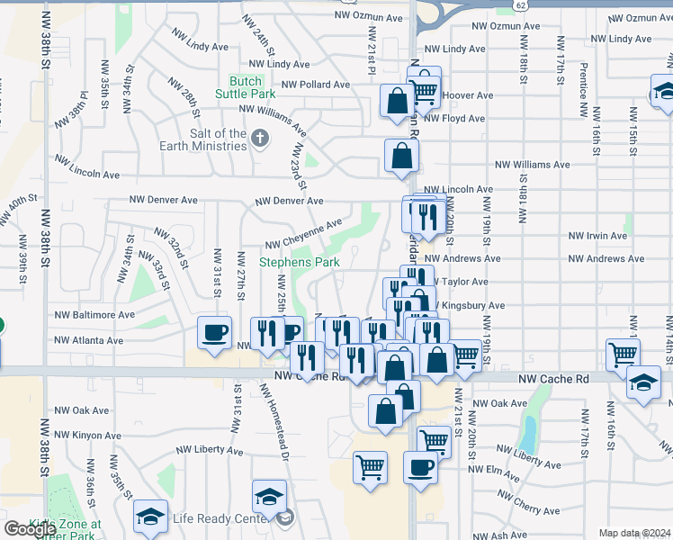 map of restaurants, bars, coffee shops, grocery stores, and more near 1803 Northwest 23rd Street in Lawton