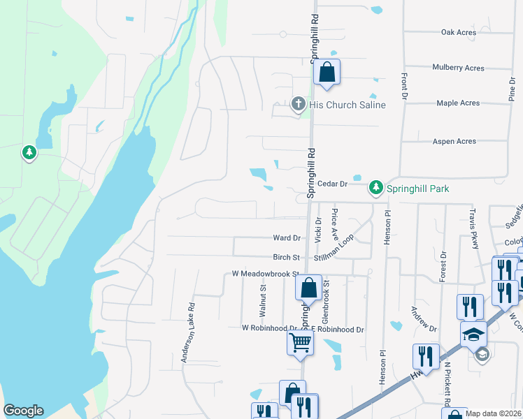 map of restaurants, bars, coffee shops, grocery stores, and more near 3617 Stivers Boulevard in Bryant
