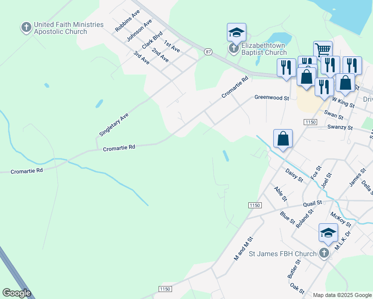 map of restaurants, bars, coffee shops, grocery stores, and more near Cromartie Road in Butters