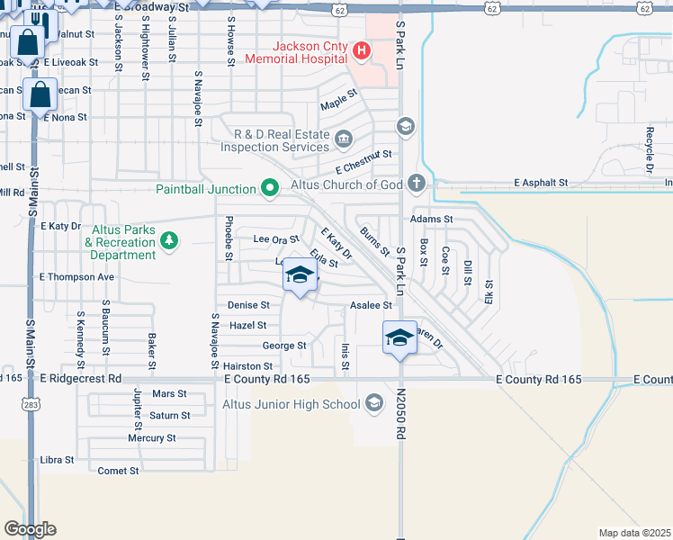 map of restaurants, bars, coffee shops, grocery stores, and more near 1106 Eula Street in Altus