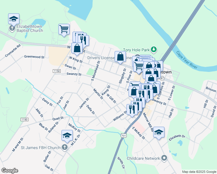 map of restaurants, bars, coffee shops, grocery stores, and more near West Street in Elizabethtown