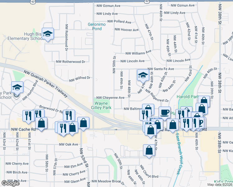 map of restaurants, bars, coffee shops, grocery stores, and more near 1603 Northwest 50th Street in Lawton