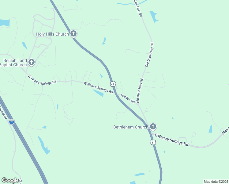 map of restaurants, bars, coffee shops, grocery stores, and more near West Nance Springs Road in Whitfield County