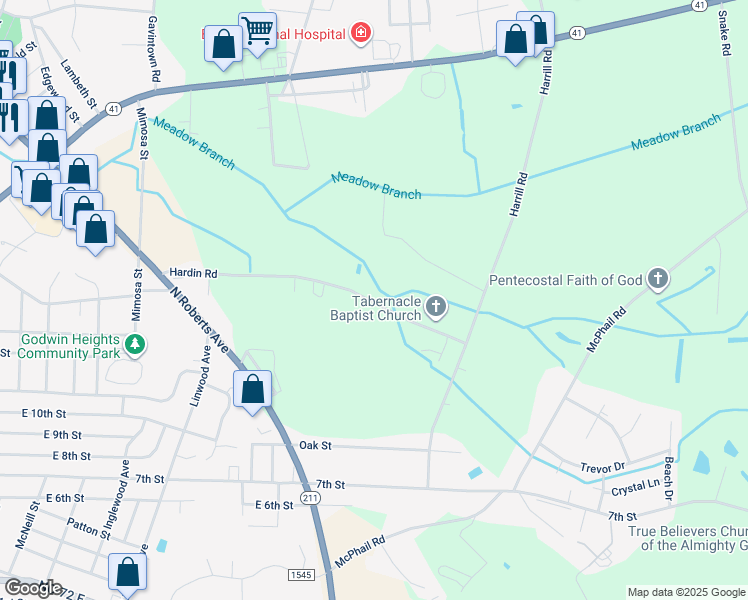 map of restaurants, bars, coffee shops, grocery stores, and more near 1675 Hardin Road in Lumberton