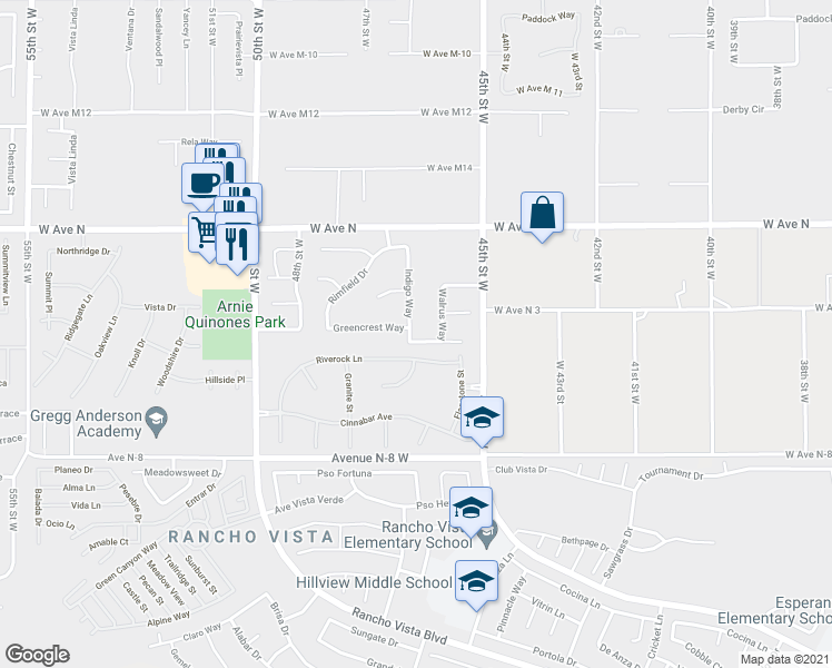 map of restaurants, bars, coffee shops, grocery stores, and more near 41006 Indigo Way in Palmdale