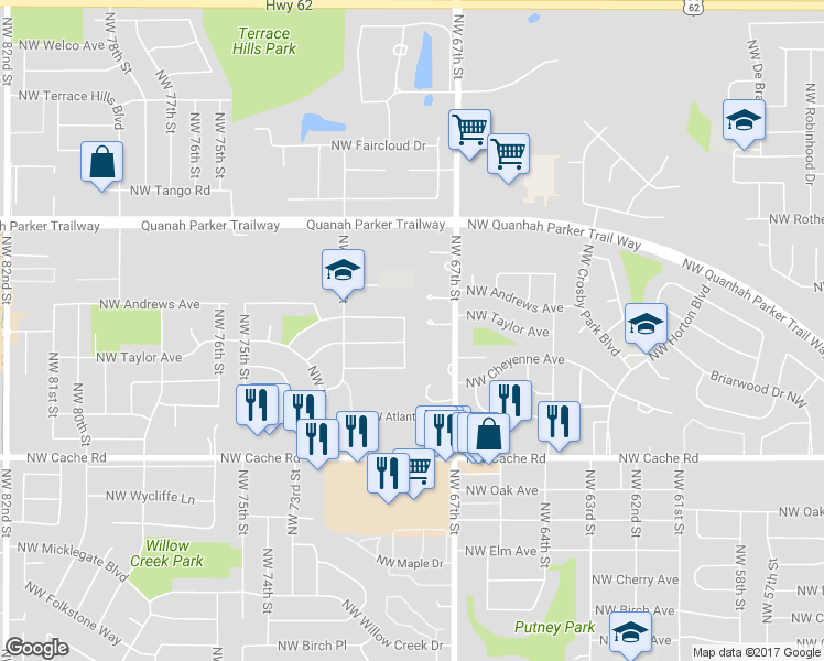 map of restaurants, bars, coffee shops, grocery stores, and more near 1715 Northwest 70th Street in Lawton
