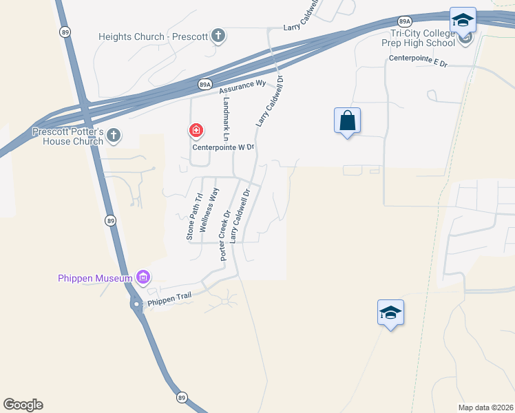 map of restaurants, bars, coffee shops, grocery stores, and more near 5260 Autumn Leaf Lane in Prescott