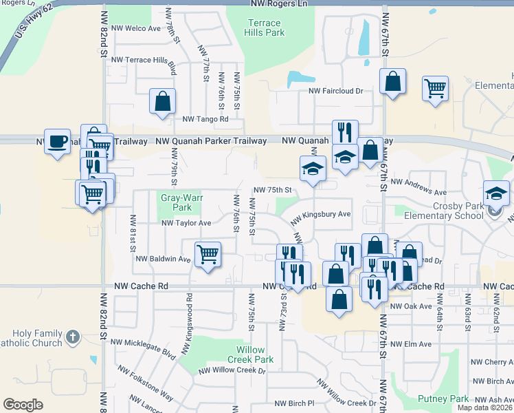 map of restaurants, bars, coffee shops, grocery stores, and more near 7413 Northwest Hunter Road in Lawton