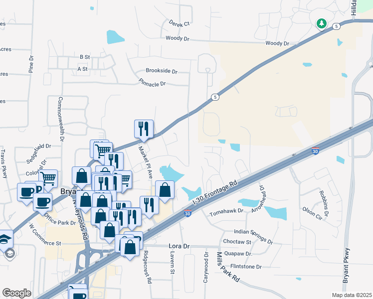 map of restaurants, bars, coffee shops, grocery stores, and more near 3611 Logan Ridge Drive in Bryant
