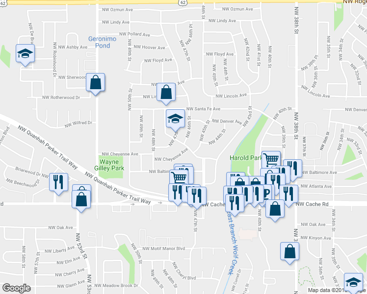 map of restaurants, bars, coffee shops, grocery stores, and more near 4501 Northwest Cheyenne Avenue in Lawton