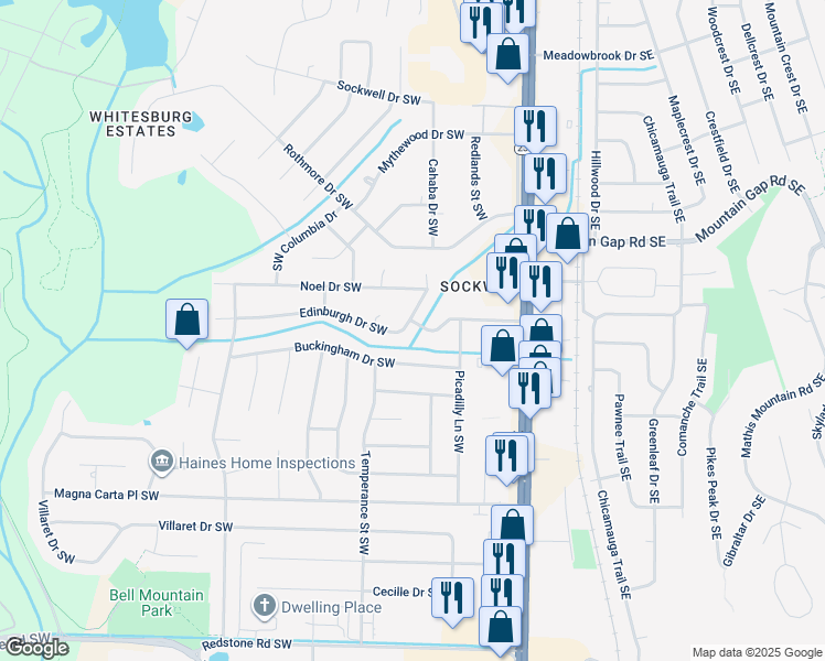 map of restaurants, bars, coffee shops, grocery stores, and more near 2106 English Drive Southwest in Huntsville