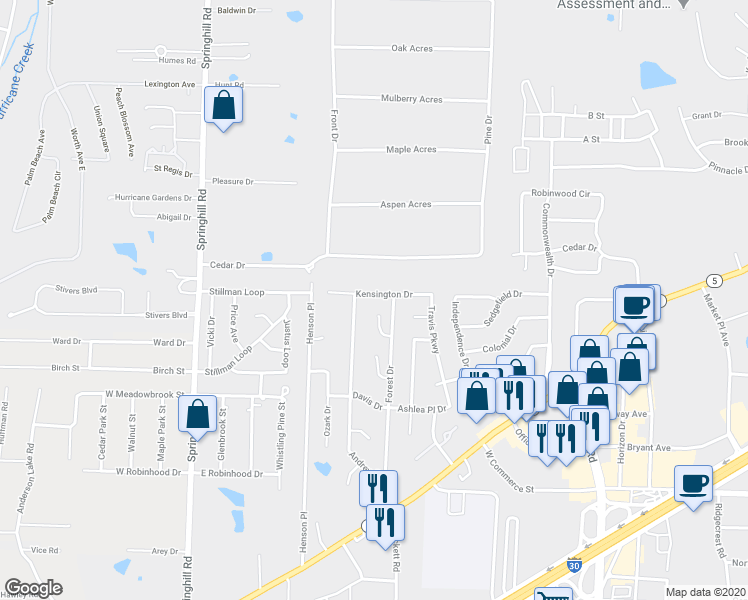 map of restaurants, bars, coffee shops, grocery stores, and more near 1615 Kensington Drive in Bryant