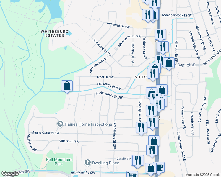 map of restaurants, bars, coffee shops, grocery stores, and more near 2117 Edinburgh Drive Southwest in Huntsville