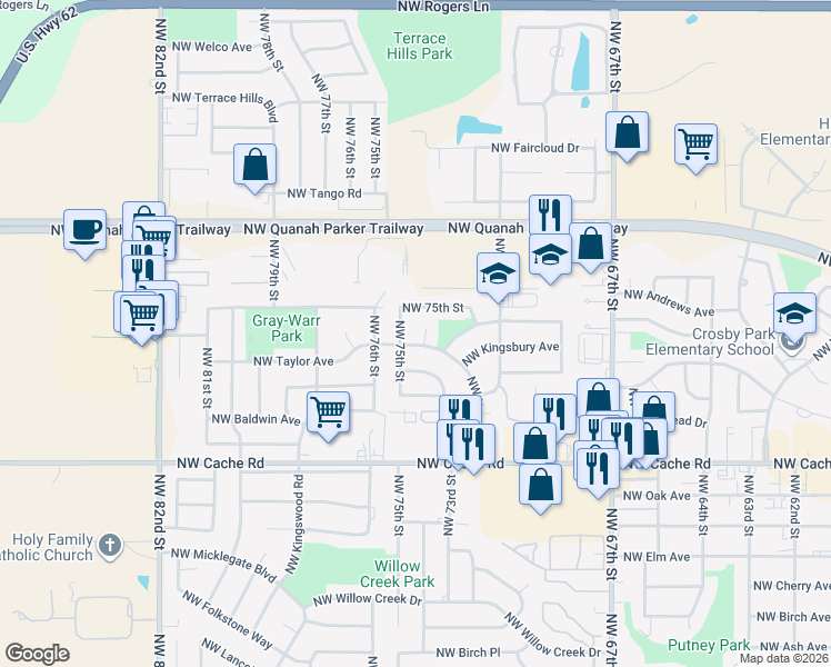 map of restaurants, bars, coffee shops, grocery stores, and more near 7413 Northwest Hunter Road in Lawton
