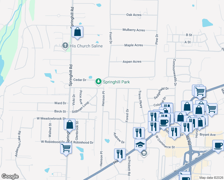 map of restaurants, bars, coffee shops, grocery stores, and more near 1715 Kensington Drive in Bryant