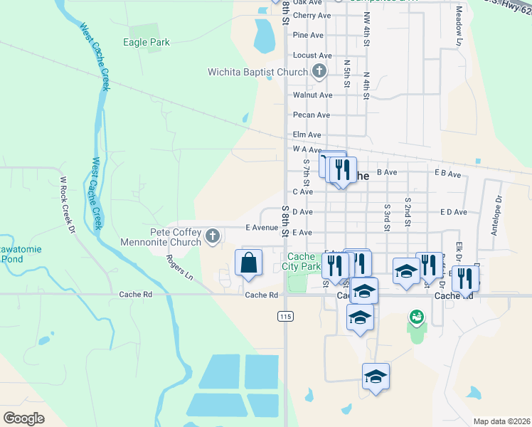map of restaurants, bars, coffee shops, grocery stores, and more near 814 D Avenue in Cache