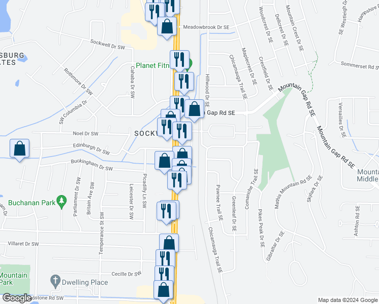 map of restaurants, bars, coffee shops, grocery stores, and more near 11565 Jade Lane Southeast in Huntsville