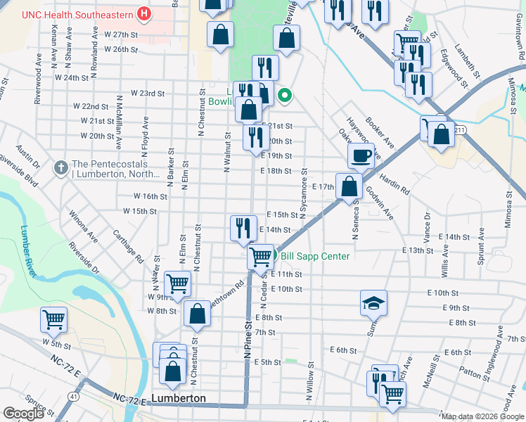 map of restaurants, bars, coffee shops, grocery stores, and more near 1501 North Cedar Street in Lumberton