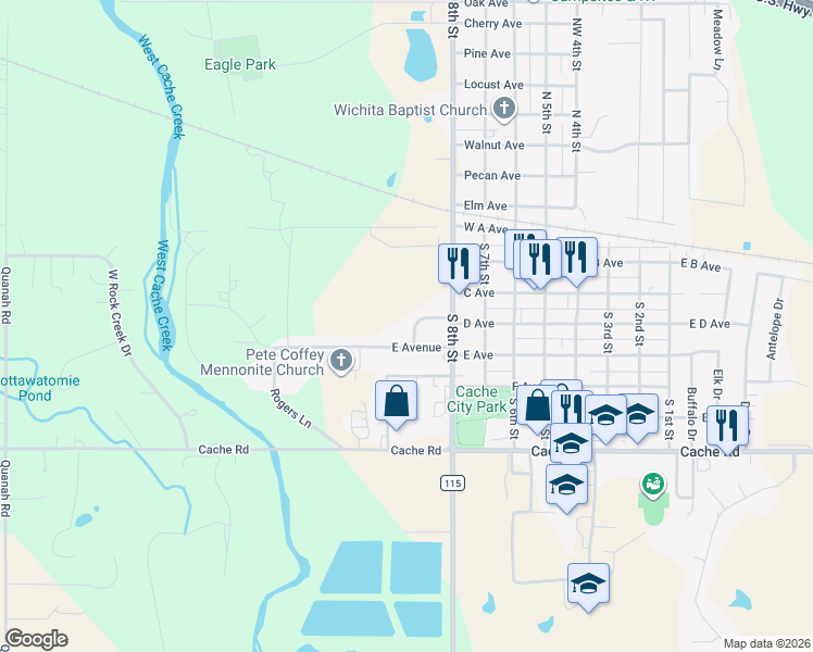 map of restaurants, bars, coffee shops, grocery stores, and more near 814 D Avenue in Cache