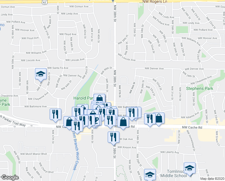 map of restaurants, bars, coffee shops, grocery stores, and more near 1622 Northwest 38th Street in Lawton