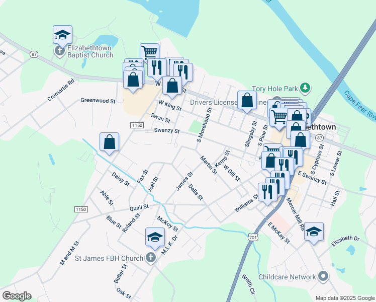 map of restaurants, bars, coffee shops, grocery stores, and more near 707 Martin Street in Elizabethtown