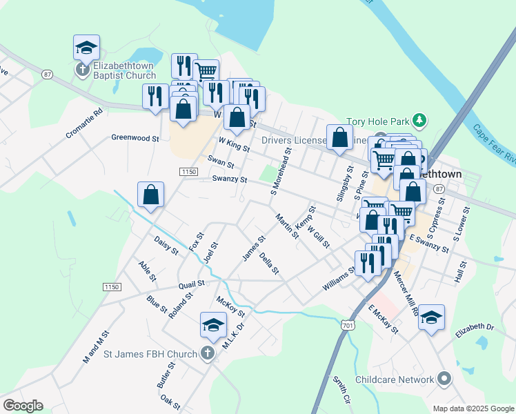 map of restaurants, bars, coffee shops, grocery stores, and more near 707 Martin Street in Elizabethtown