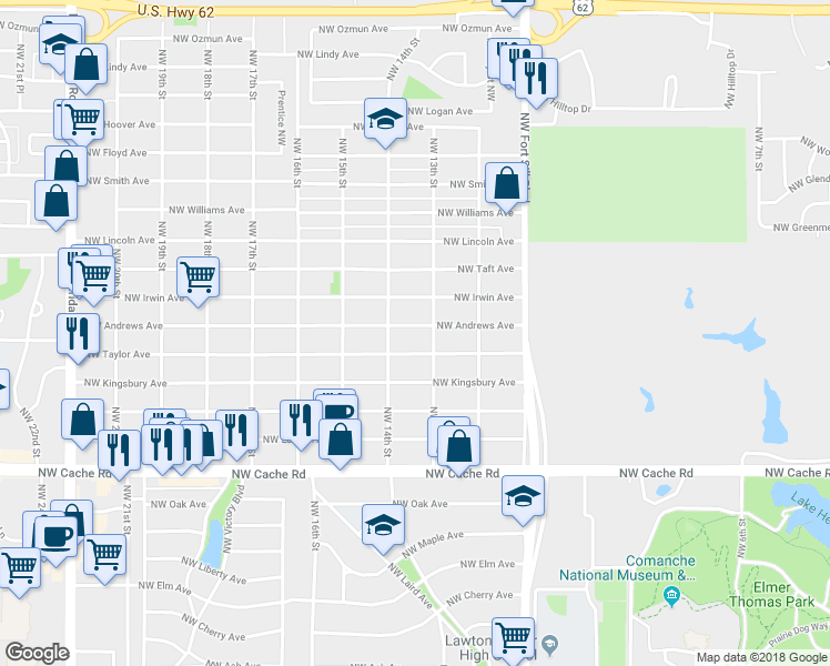 map of restaurants, bars, coffee shops, grocery stores, and more near 1308 Northwest Andrews Avenue in Lawton