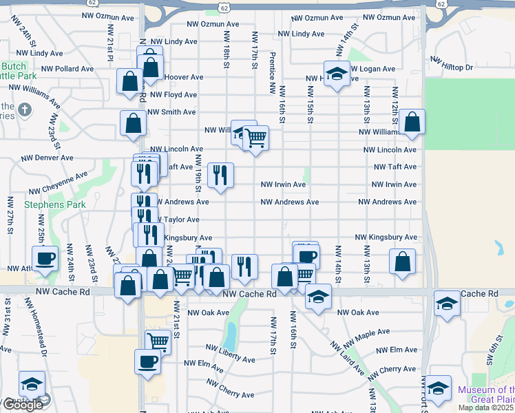 map of restaurants, bars, coffee shops, grocery stores, and more near 1618 Northwest Andrews Avenue in Lawton