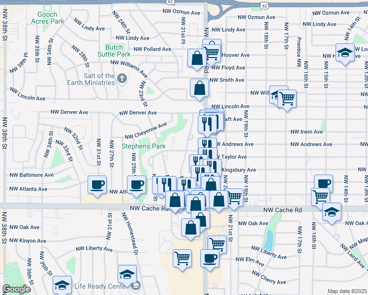 map of restaurants, bars, coffee shops, grocery stores, and more near 1802 Northwest 22nd Street in Lawton
