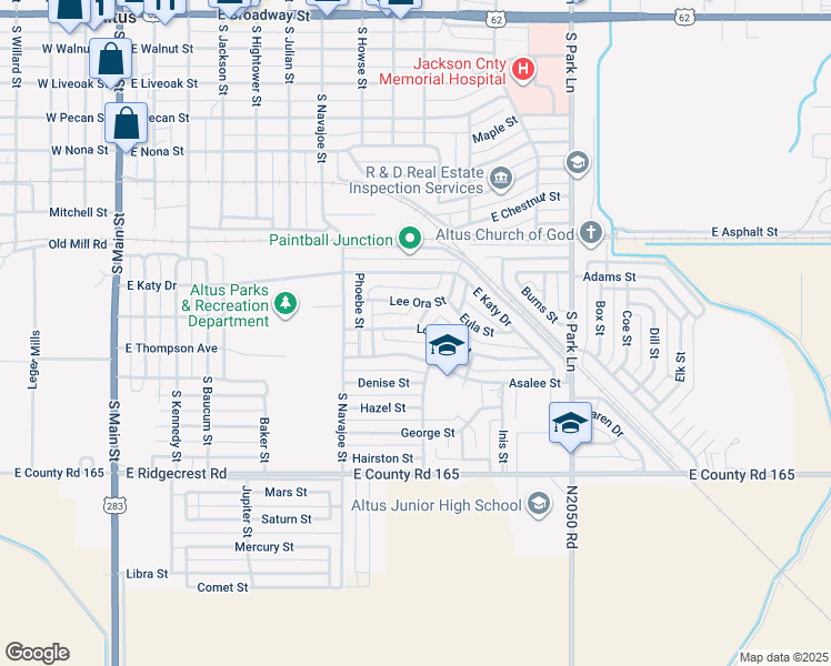 map of restaurants, bars, coffee shops, grocery stores, and more near 912 Loyadell Street in Altus
